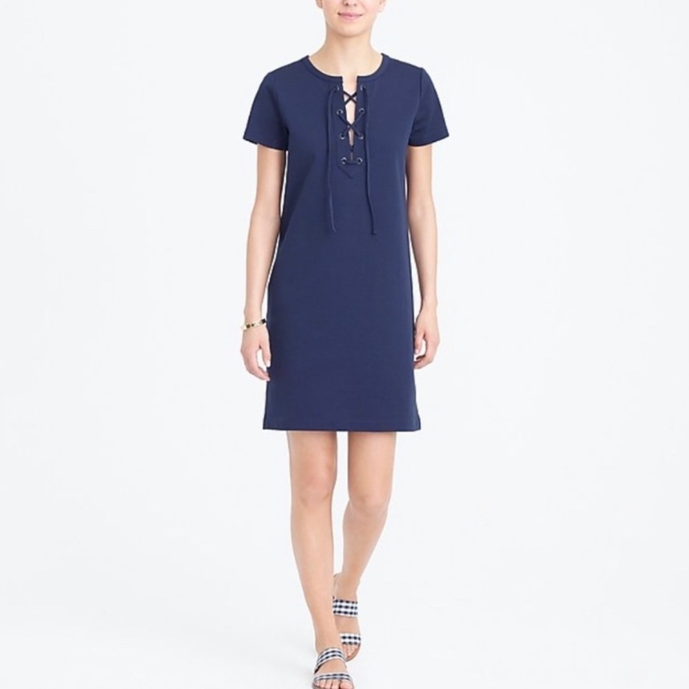 J.CREW Blue Lace-Up Knit Short Sleeve Cotton Dress